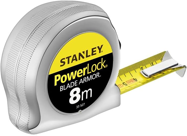 Stanley Bandmass Micro Powerlock (8 m Länge, Feststeller, Rücklauf, Gürtelclip, verchromt, Mylar-Sch