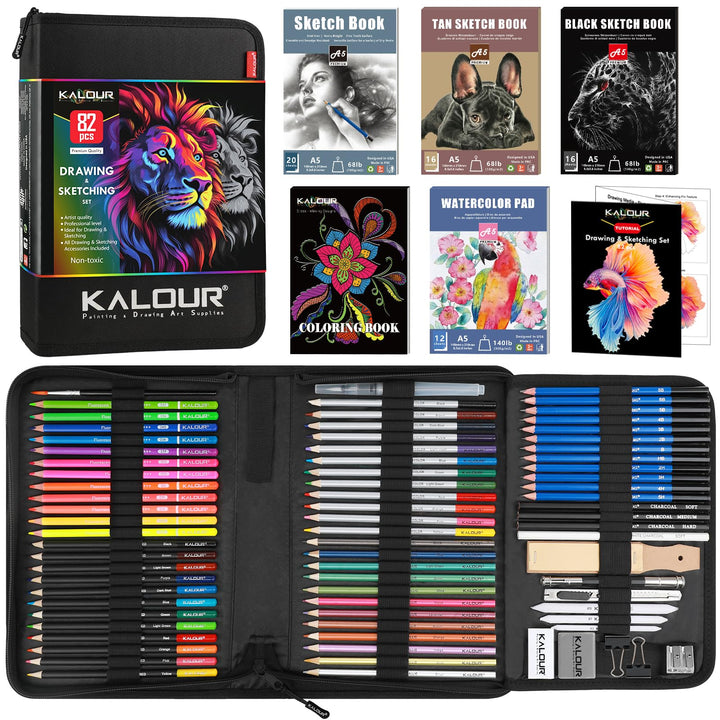 KALOUR PDAS 82 Zeichen Set Skizzenset, Pro Kunstbedarf mit Neon-, Farbstiften, Aquarell-, Metallic-,