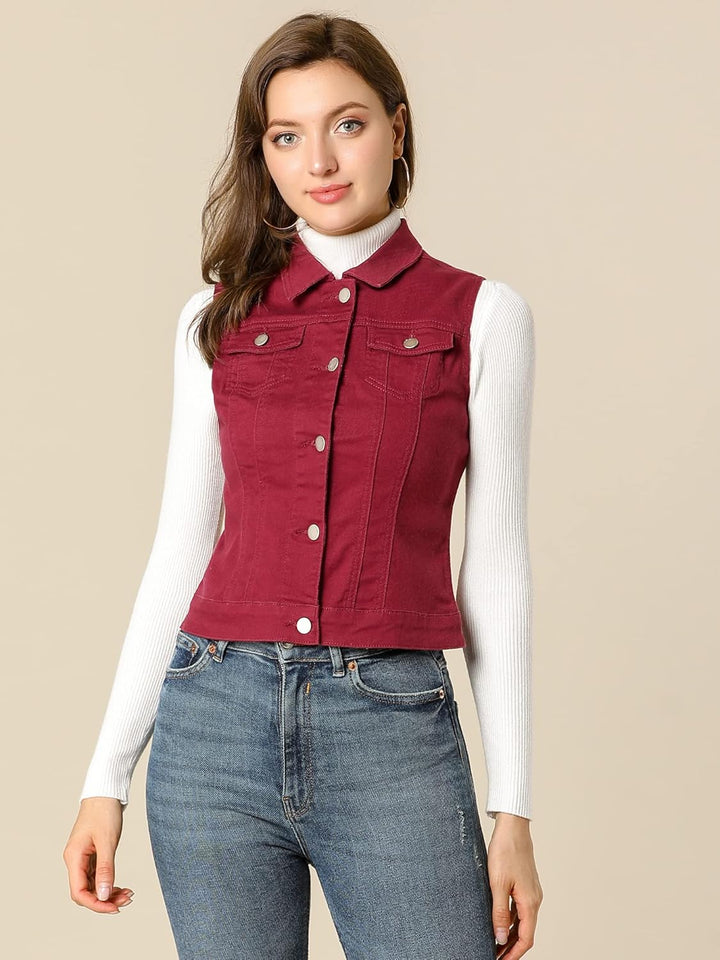 Allegra K Damen Jeansweste Ärmellos Knopfleiste Denim Rever Jacke Westen mit Taschen S Burgund, S Bu