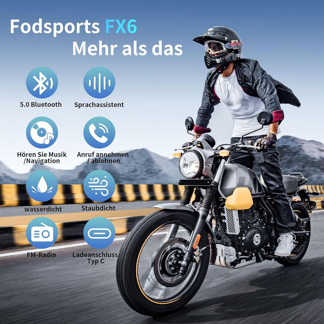 Fodsports FX6 Motorrad Bluetooth Headset, Intercom Motorrad kommunikationssystem bis zu 6 Motorräder