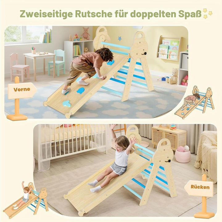 7-in-1 Montessori Klettergerüst Indoor, Kletterdreieck mit Rutsche &amp; Kletterbogen, stabiles Holzklet