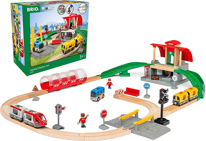 BRIO World 33989 Grosses City Bahnhof Set - Umfangreiches Holzeisenbahn-Set mit Umsteigebahnhof - Em