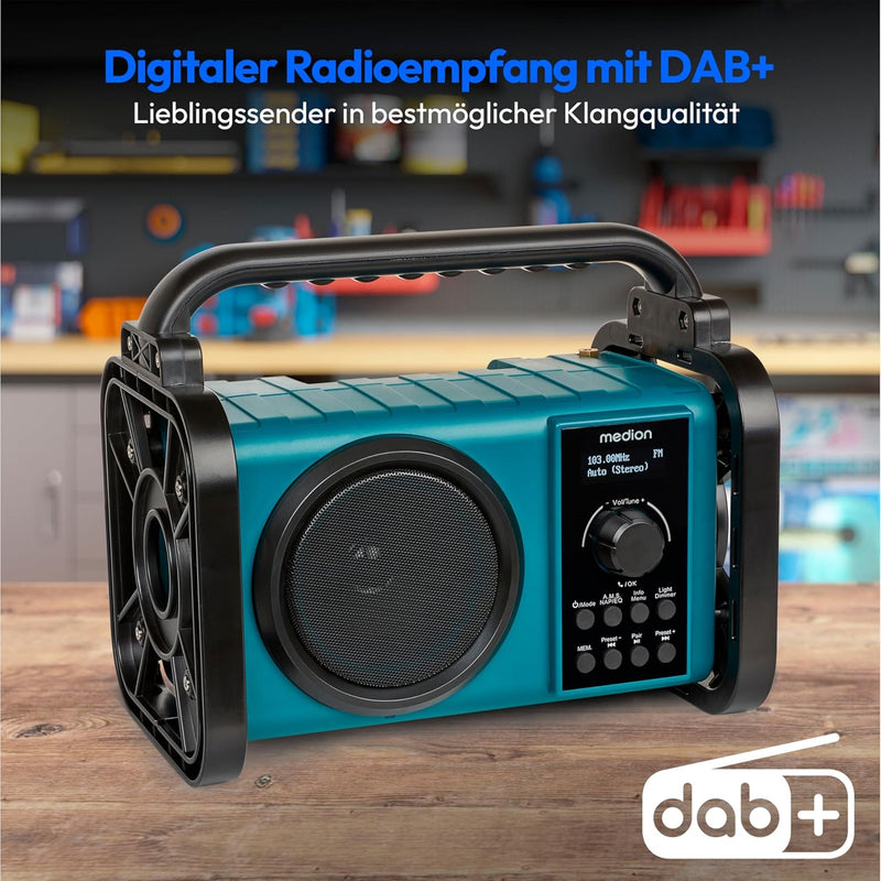 MEDION E66877 DAB+ Baustellenradio (Robustes Gehäuse, Spritzwassergeschützt (IP44), Bluetooth 5.0, P