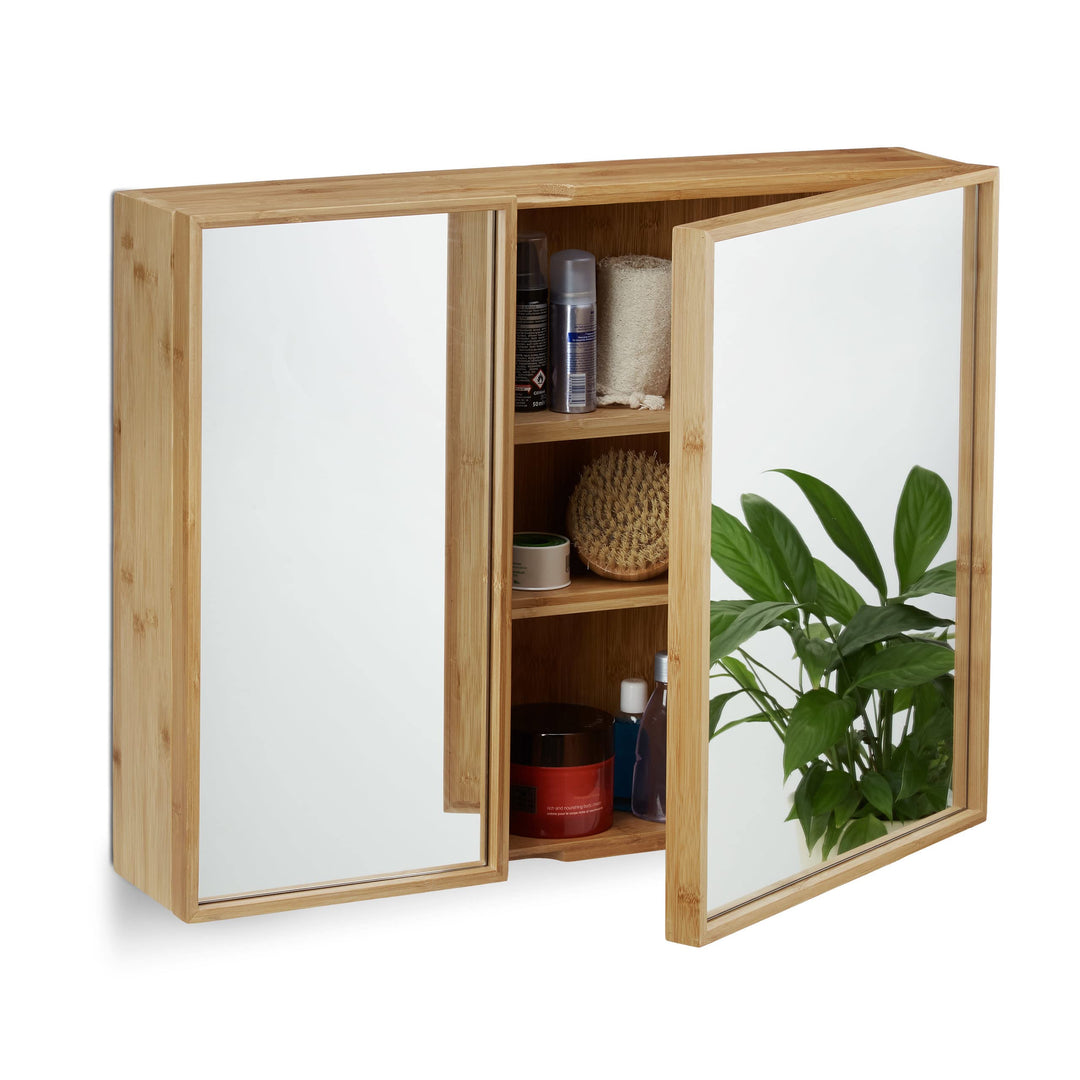 Relaxdays Bad Spiegelschrank 2-türig, Wandschrank aus Bambus, vormontierter Badschrank HxBxT: 50 x 6