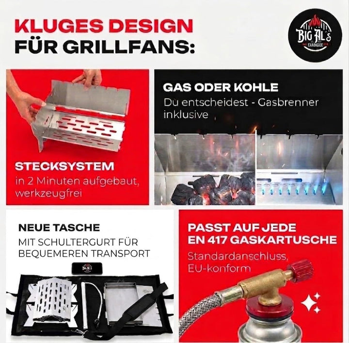 Little Bro Mobiler Steckgrill 2-in-1 Edelstahl Grill für Gas &amp; Kohle - Inkl. Tasche (Grillmatte) &amp; S