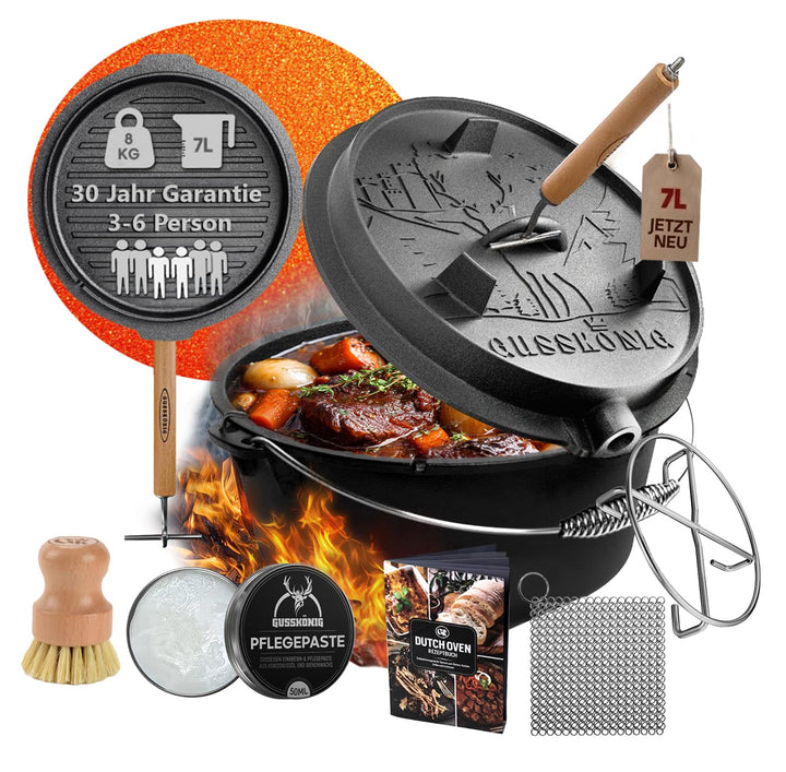 Dutch Oven Set–Eingebrannter Dutch Oven 7L [3-6 Person]–Feuertopf Gusseisen ohne Füsse–Schmortopf Do