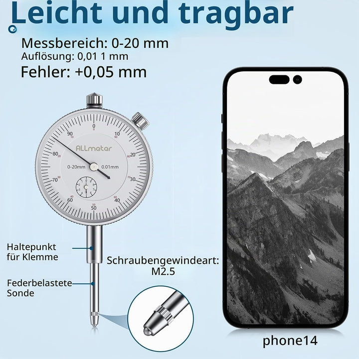 Mechanische Messuhr 0–20 mm Set mit Magnetstativ, Präzisions-Magnetfuss 80 kg, Universal-Messuhrhalt