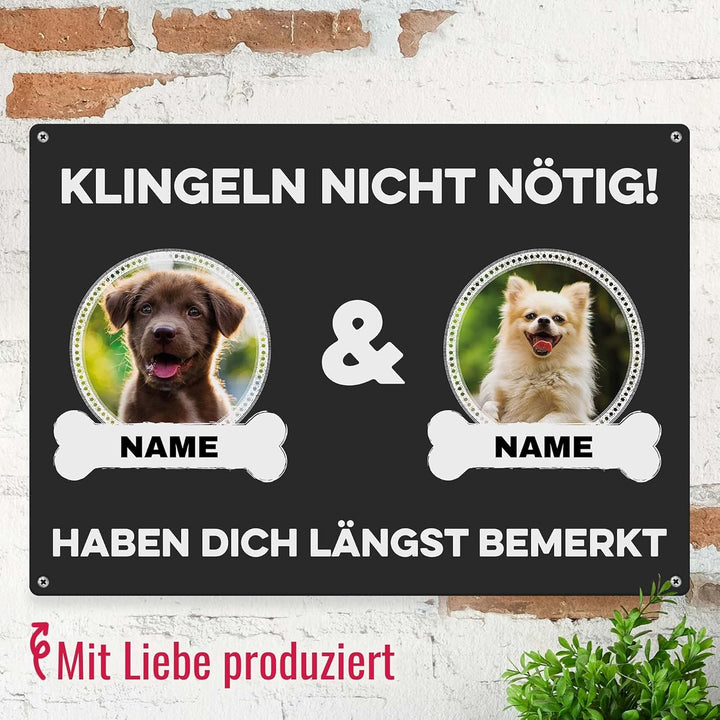 Hunde Schild personalisiert - Klingeln nicht nötig - Metallschild mit Foto und Name für aussen, wett