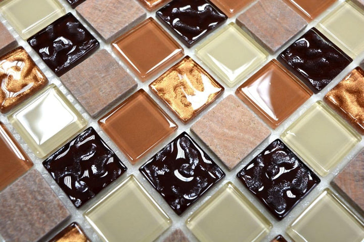 Mosaik Fliese selbstklebend Transluzent Stein beige braun Rechteck Glasmosaik Crystal Stein beige br