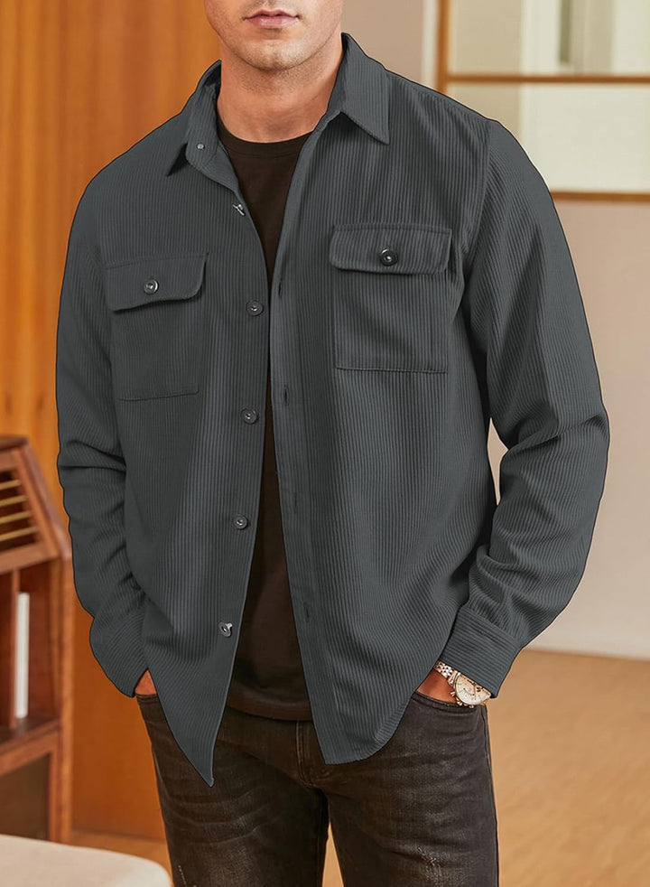 Herren Hemd Cord Langarm Freizeithemd Männer Jacke Regular Fit Button Up Hemdjacke Mit Klappentasche
