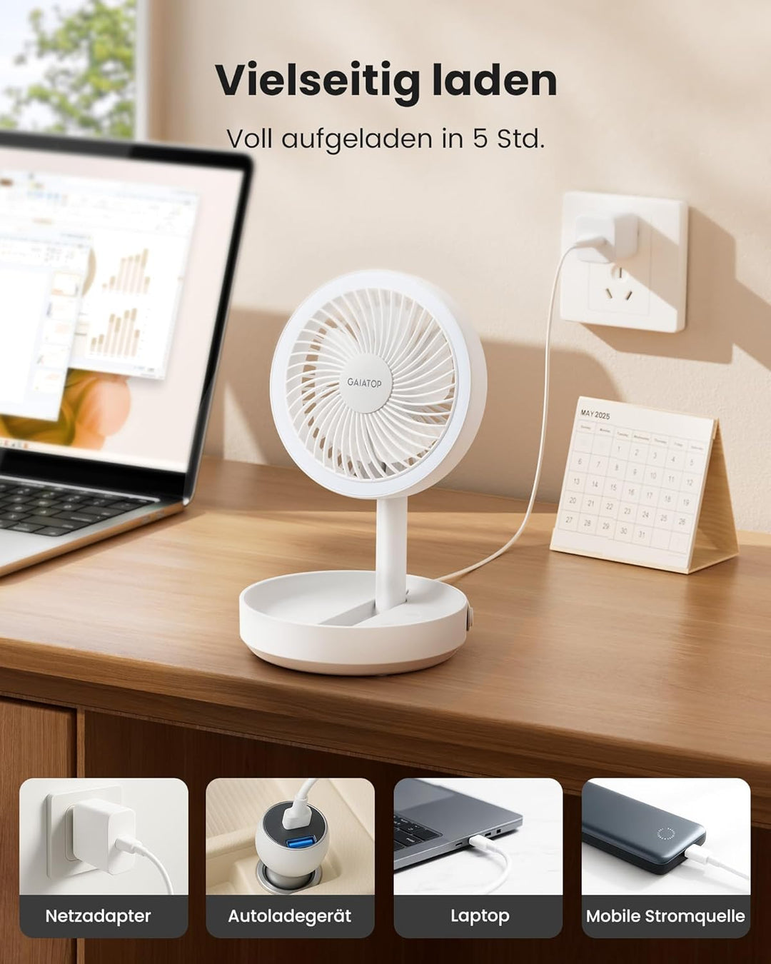 Gaiatop Faltbare Tischventilator Tragbarer Ventilator, 6000mAh Akku Ventilator mit Nachtlicht, 17CM