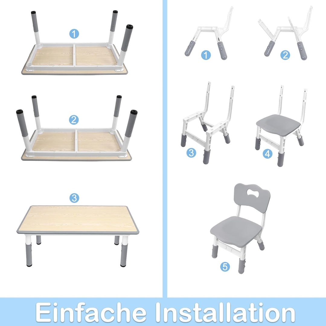 XMTECH Kindertisch 120x60 cm mit 4 Stühlen, höhenverstellbar, Grau 120x60 Grau, 120x60 Grau