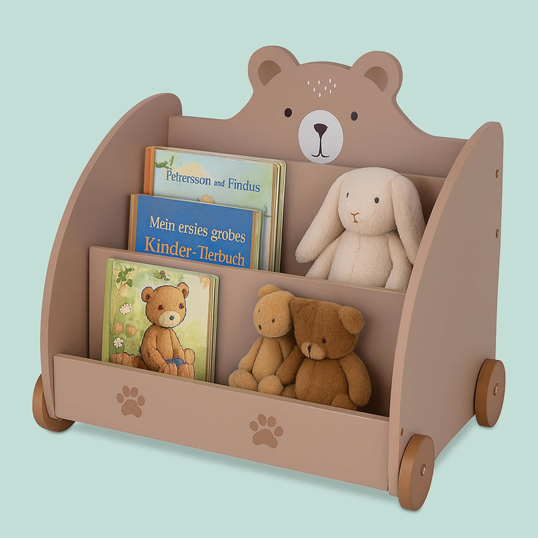 Relaxdays Bücherregal Kinder, Bärenmotiv, HBT: 58x60x40 cm, mit Rollen, abgerundete Ecken, Spielzeug
