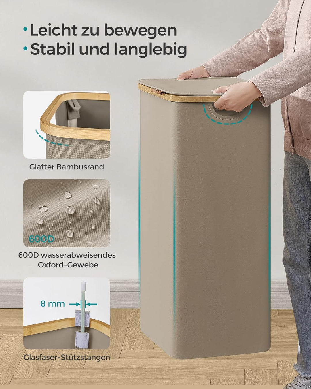 SONGMICS Wäschekorb mit Deckel, Wäschesammler 90 L, herausnehmbarer Wäschesack, Oxford-Gewebe, Griff