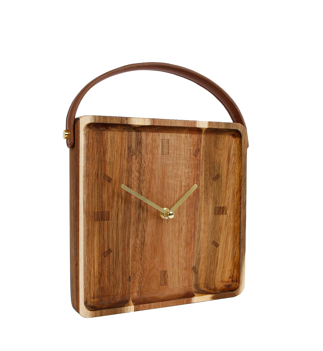Spetebo Holz Standuhr mit Griff in Leder Optik - 22 cm - Retro Tischuhr analog - Tisch Deko Uhr ecki
