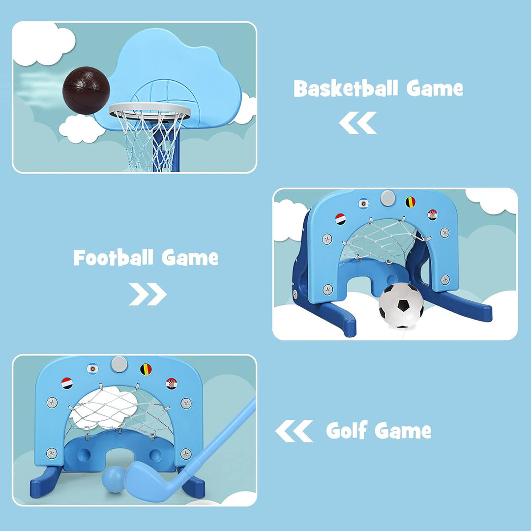 HOMASIS 3 in 1 Kinder Basketballkorb Set, multifunktional Basketballständer mit Fussballtor & Golf i