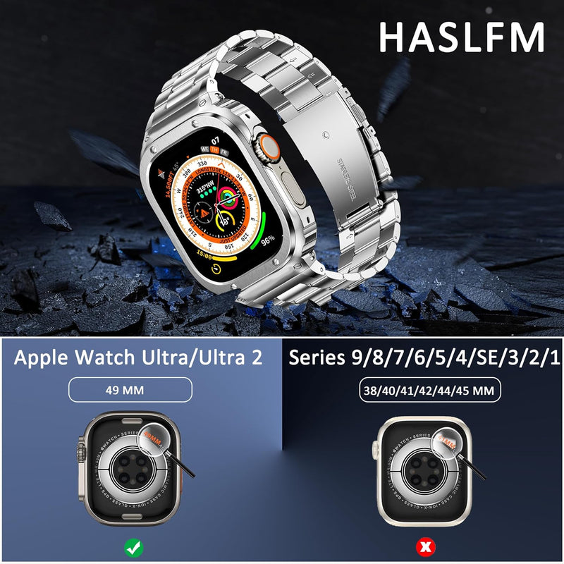 HASLFM Edelstahl Apple Watch Armband mit Gehäuse Kompatibel mit Apple Watch Ultra/Ultra 2(49mm),Meta