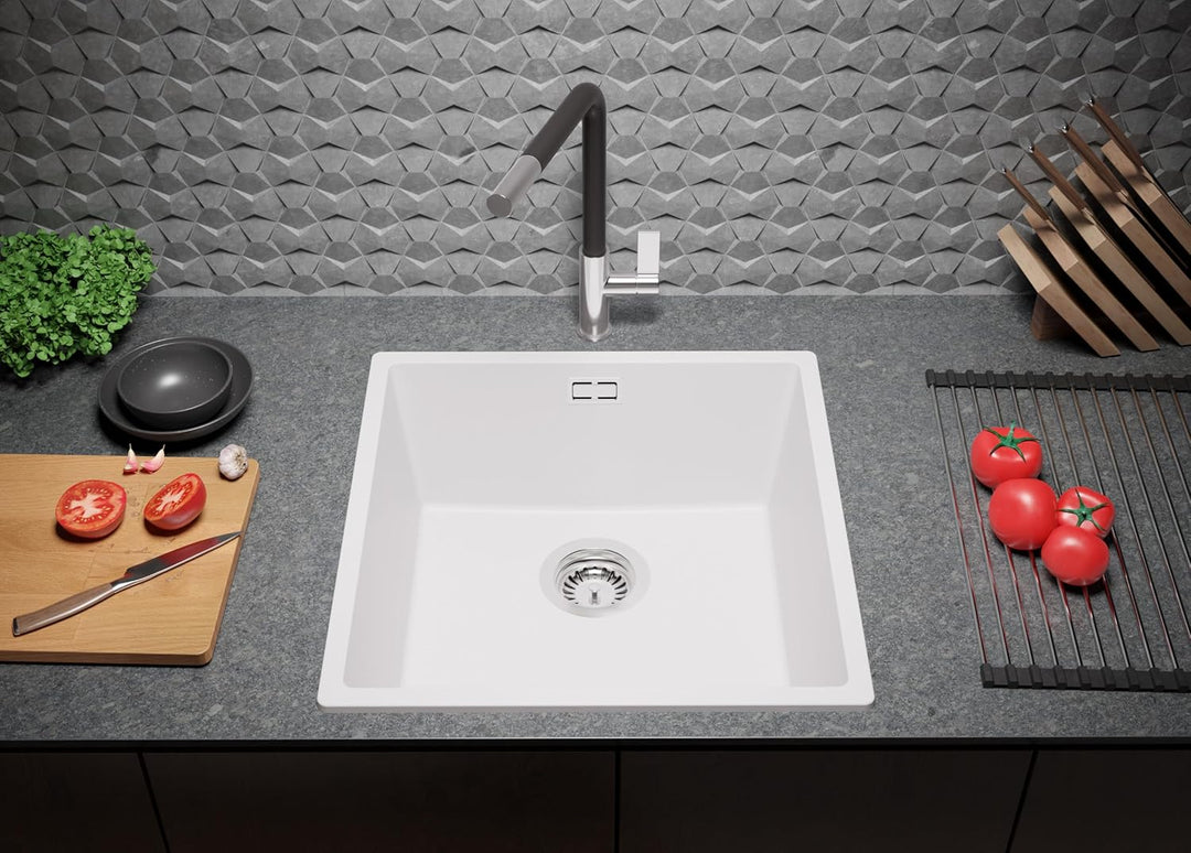 Spülbecken Weiss 46 x 47 cm, Granitspüle 1 Becken + Ablauf-Set + Küchenarmatur, Einbauspüle ab 50er