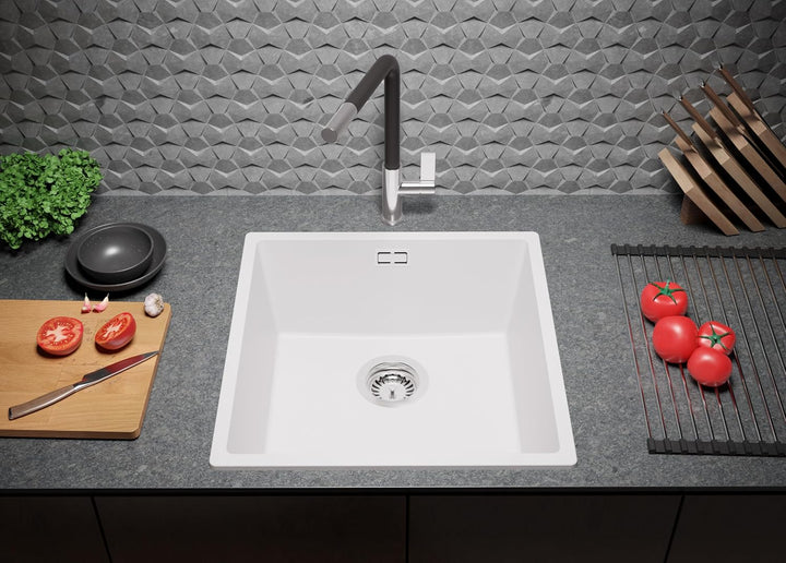 Spülbecken Weiss 46 x 47 cm, Granitspüle 1 Becken + Ablauf-Set + Küchenarmatur, Einbauspüle ab 50er