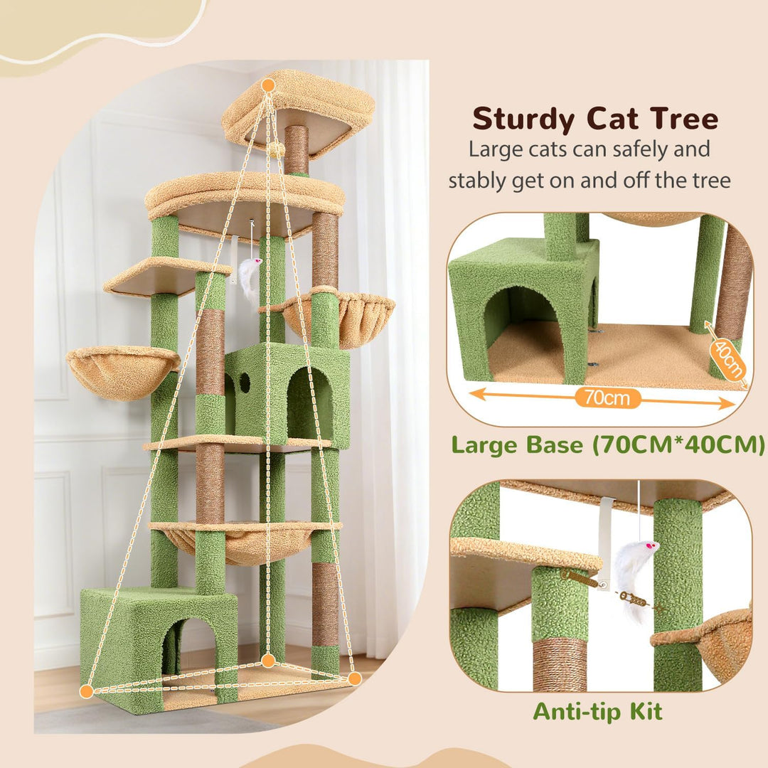 Globlazer Kratzbaum XXL Grün Kaktus für Grosse Katzen, Katzenbaum 193 cm mit 2 Grosse Katzenhaus, Ex