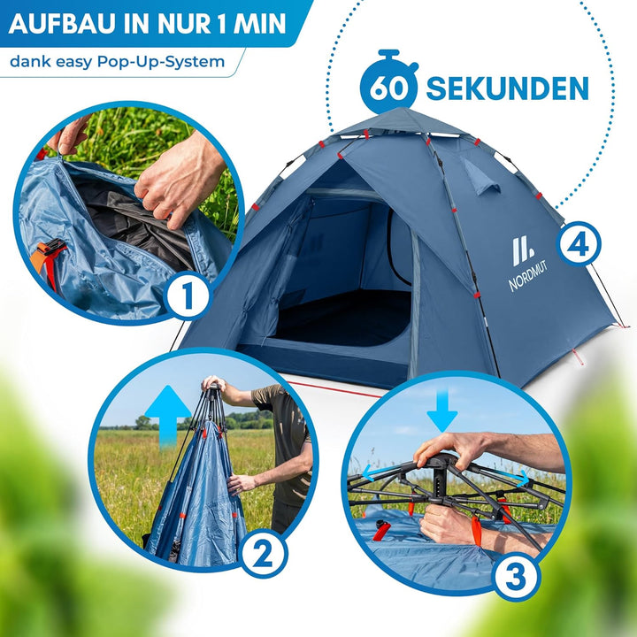 NORDMUT® Wurfzelt 2-4 Personen für blitzschnellen Aufbau – Pop Up Zelt 2-4 Personen wasserdicht &amp; UV