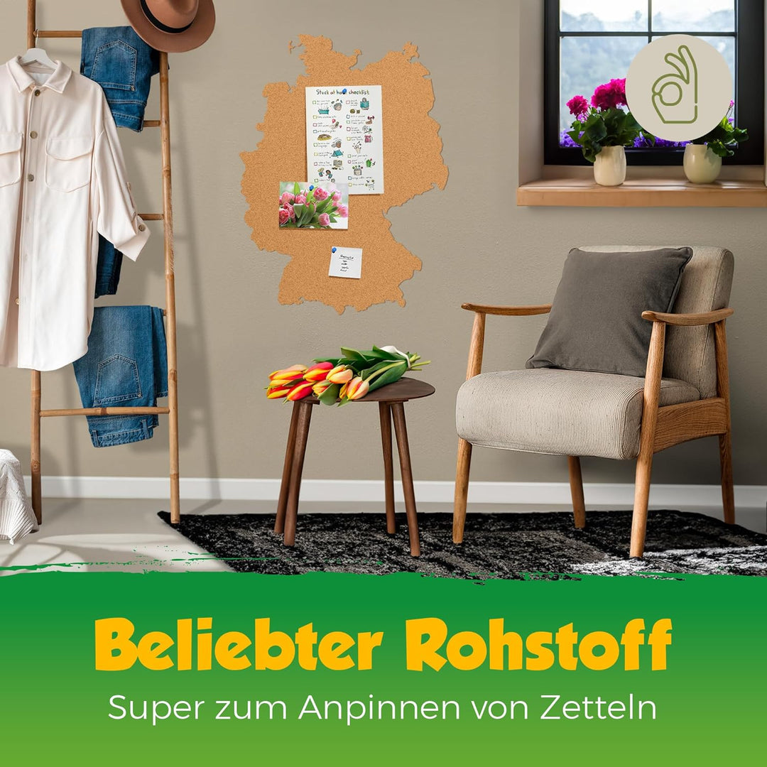 Deutschland als Pinnwand aus Kork XXL 70x50 cm | Umrisse Deutschland zum Pinnen und als Wanddeko | T