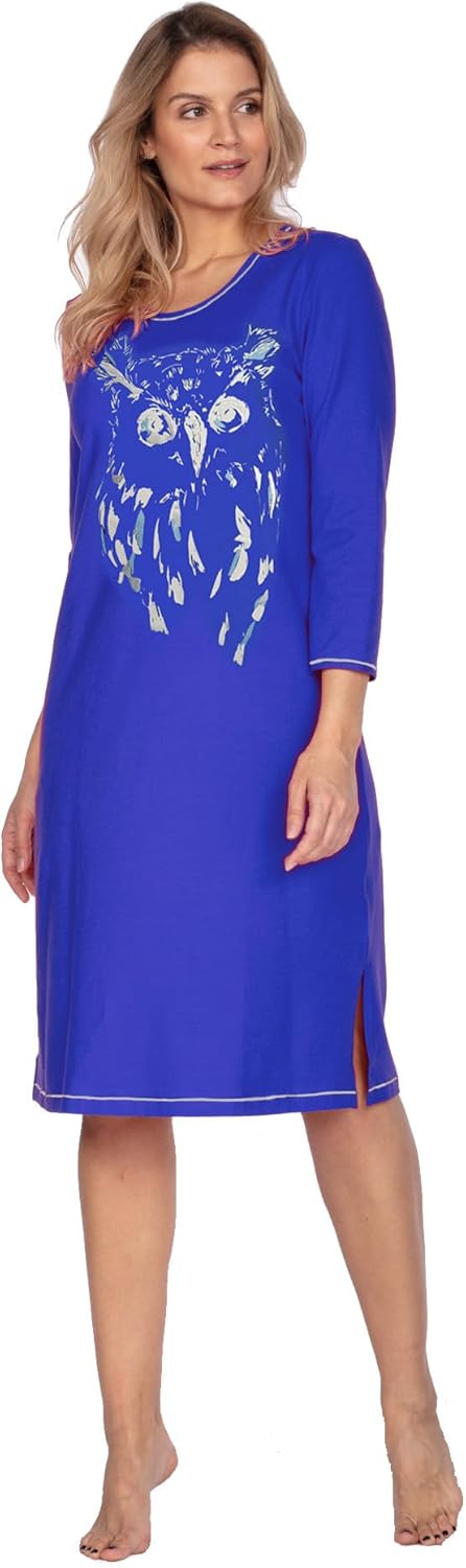 e.Femme® Damen Nachthemd Jenny 1113 aus 93% Baumwolle und 7% Elasthan, mit Eule Kornblau 36, Kornbla
