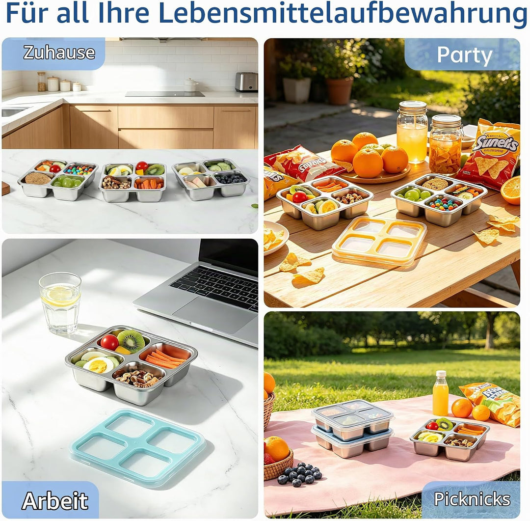 Misichao Edelstahl Snackbox mit 4 Fächern, 400ML Snackdose Kinder, Brotdose Erwachsene, Lunchbox Spü