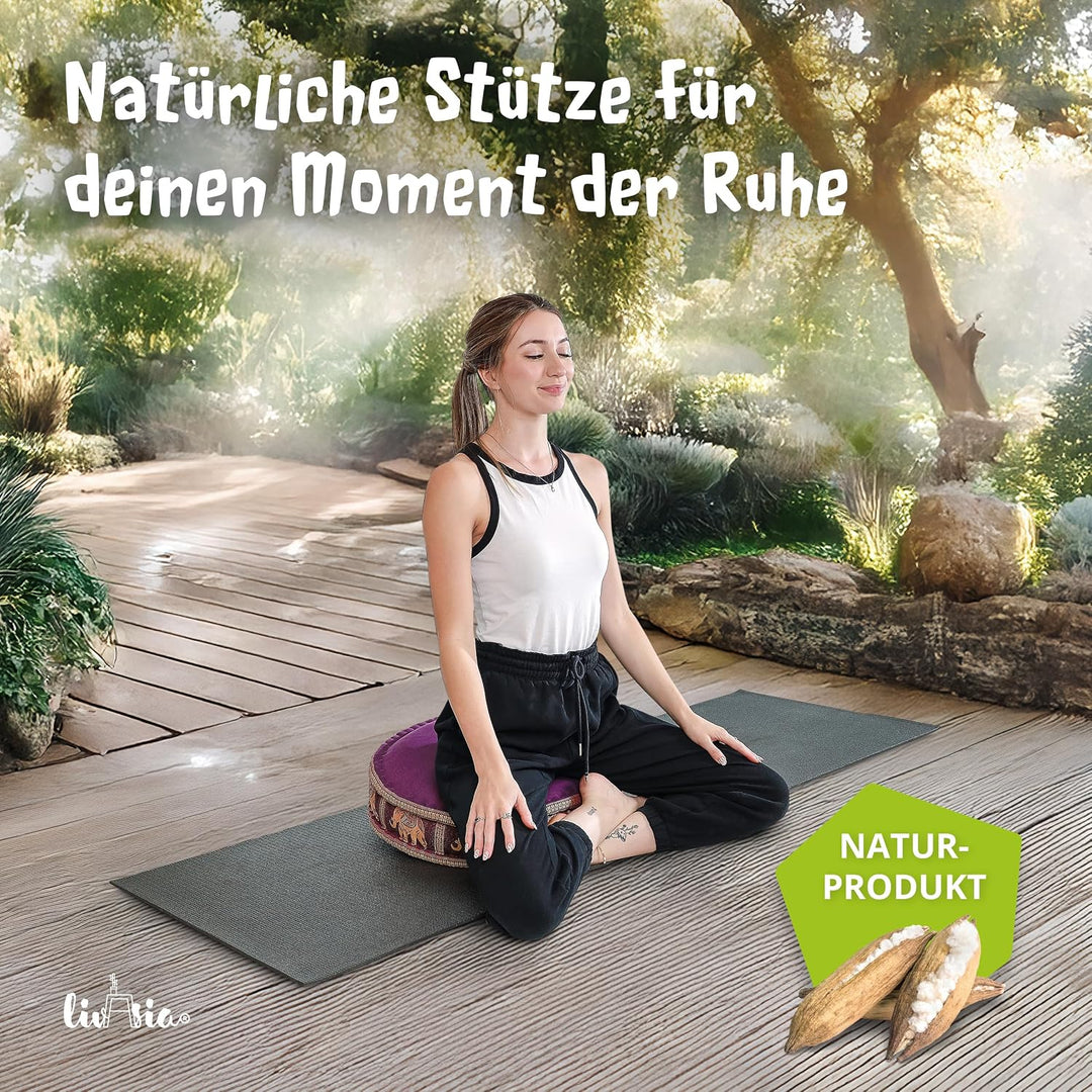 livasia Meditationskissen mit Thaiseide - Ø 45x15cm - Yogakissen mit Kapok, Pouf, Bodenkissen für Yo