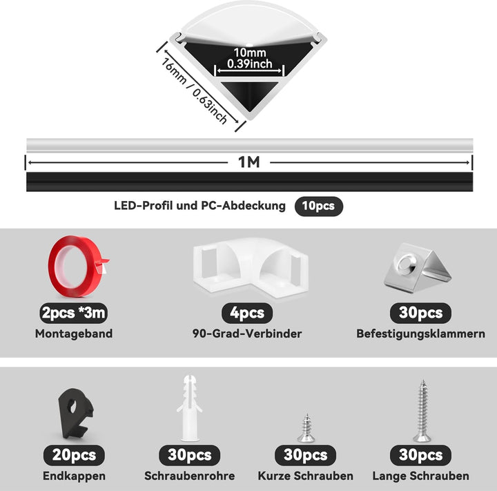 HOMMAND LED Profil 45 Grad, LED Aluminium Profil V-Form 10m, LED Leisten in Aluprofil mit Eckverbind
