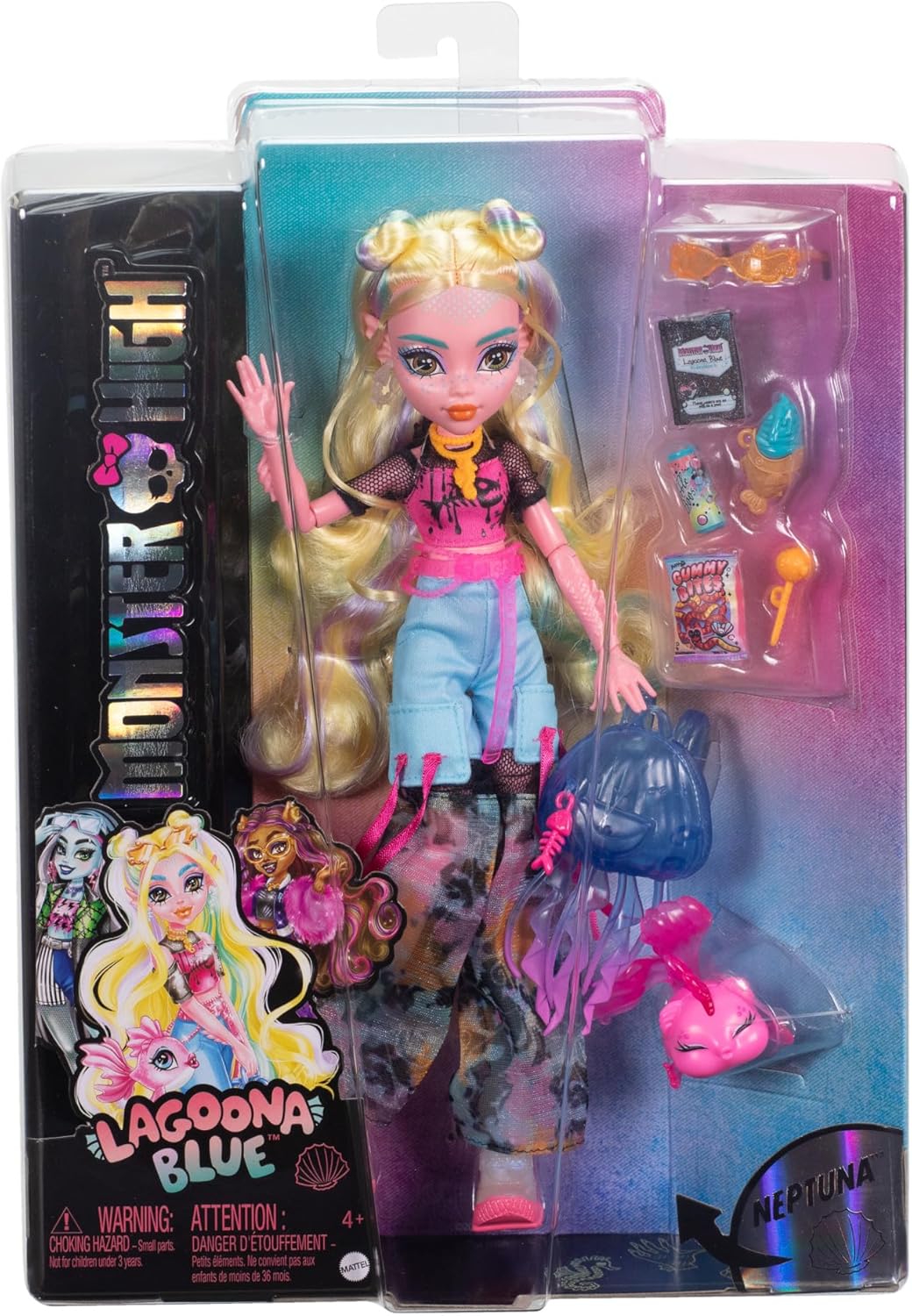 Monster High Lagoona Blue Puppe in Mesh-T-Shirt und Cargohose mit Haustierfisch Neptuna und Accessoi