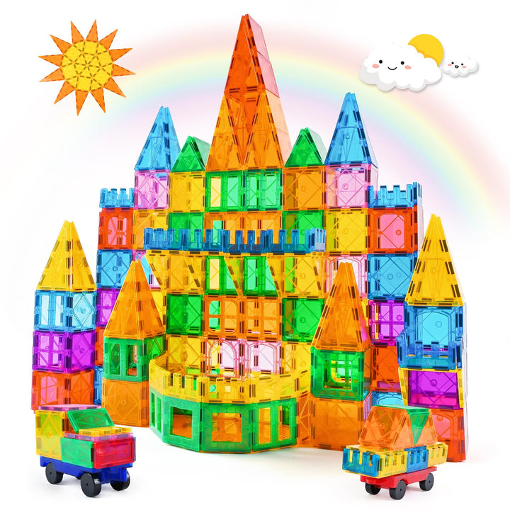 Katiago Magnetische Bausteine, 100PCS Magnetbausteine Set mit 2 Autos STEM Montessori Magnet Spielze