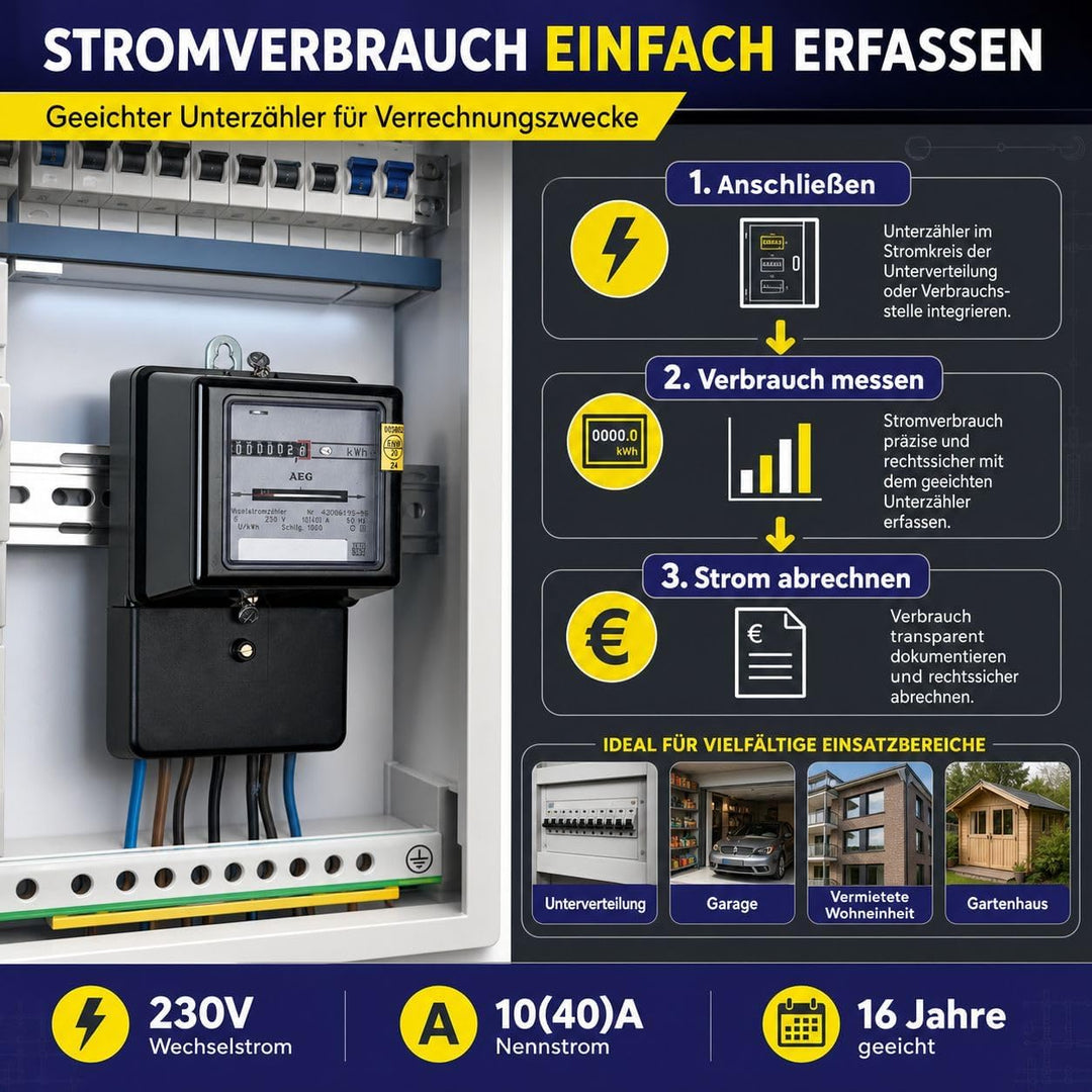 grenda-hammer® | Wechselstromzähler 230V 10(40) A geeicht für 16 Jahre und für Verrechnungszwecke zu