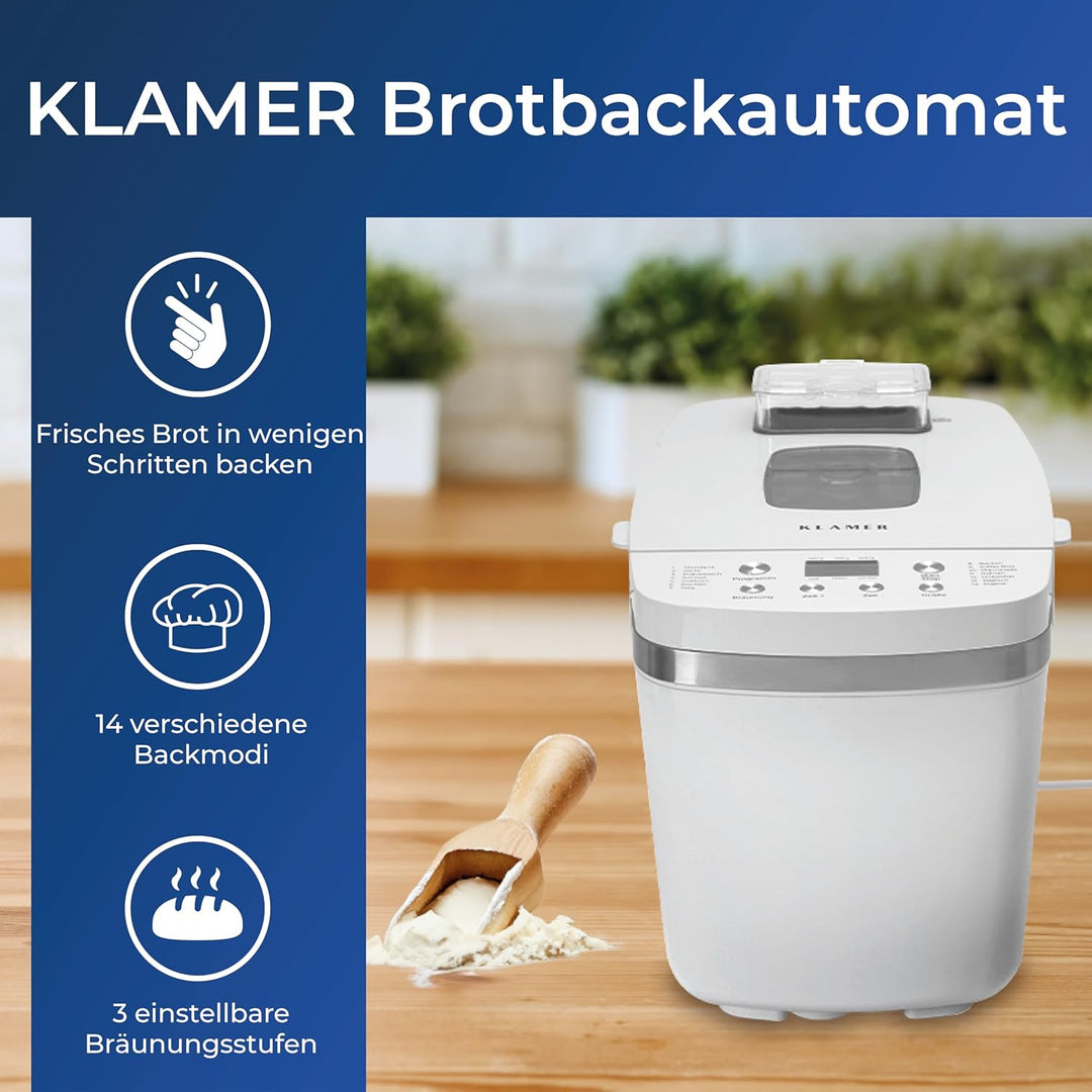 KLAMER Brotbackautomat, 14 Backprogramme, 3 einstellbare Bräunungsstufen, automatische Zubereitung v