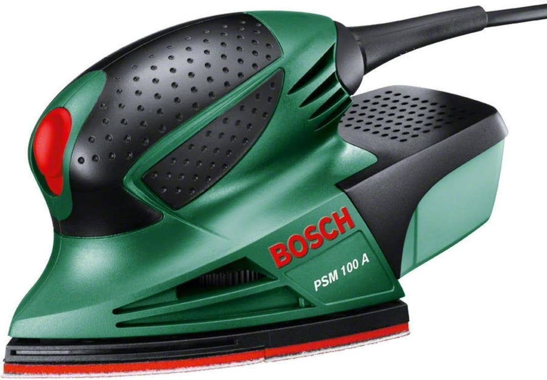 Bosch Multischleifer PSM 100 A (100 Watt, im Koffer) + 10 Stück Schleifblatt (für Farbe, Lack, Hart-