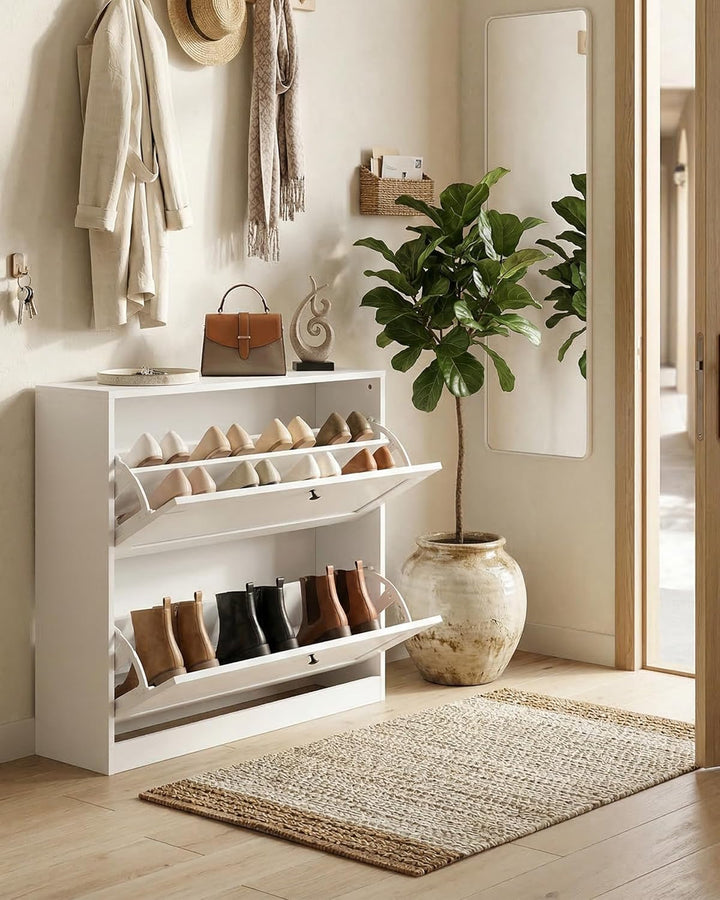 hitsuki Schuhschrank Weiss Schuhkipper Klein mit 2 Klappen, Schuhschrank Schmal mit Trennwände Verst