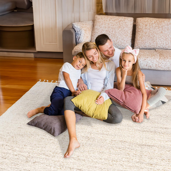 payé Hochflor-Teppich Wohnzimmer Cream - 120x160cm - Meliert mit Fransen - Weiche Schlafzimmer-Teppi