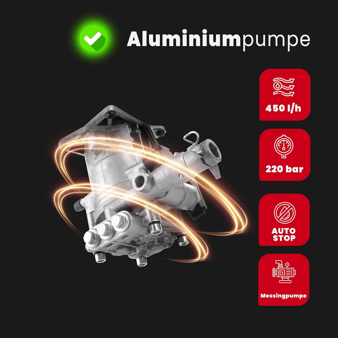 Hochdruckreiniger mit Aluminiumpumpe 220 bar | 450 l/h Fördermenge | 1800 W Leistung | 5m Hochdrucks