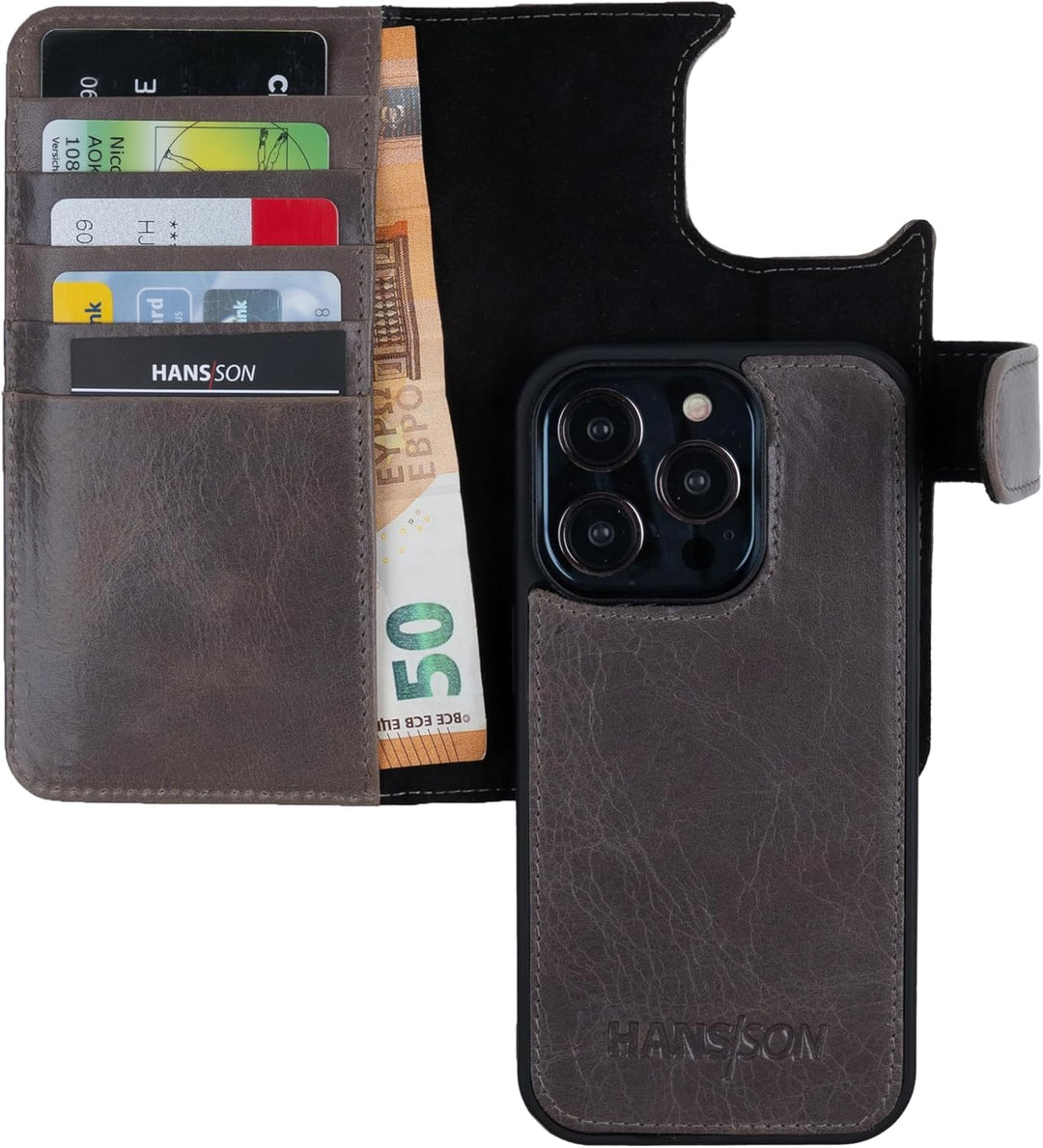 HANS/SON Handyhülle kompatibel mit iPhone 14 pro | Flip Case Echt-Leder | Magsafe Klapphülle mit Kar