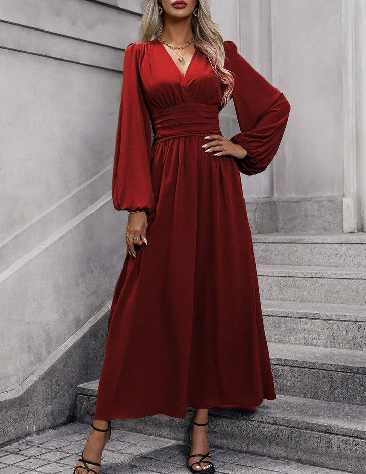 Damen Kleid 2.0 Elegant Langarm V-Ausschnit Tunika Maxikleider Casual Hohe Taille Saumschlitz Cockta