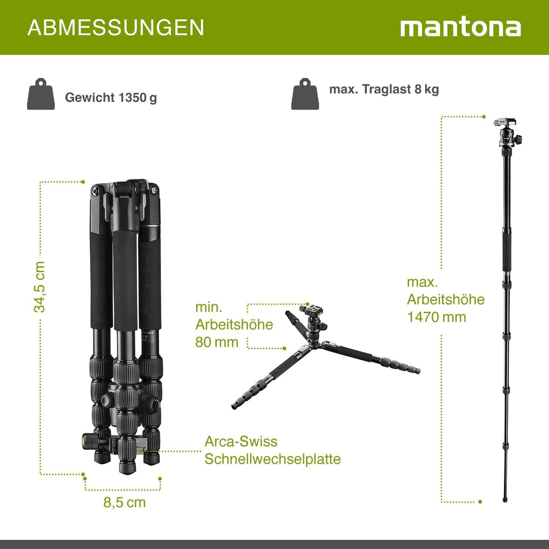 Mantona DSLM Travel Evolution 224 - leichtes Allround Reisestativ mit Vollausstattung, 360° Panorama