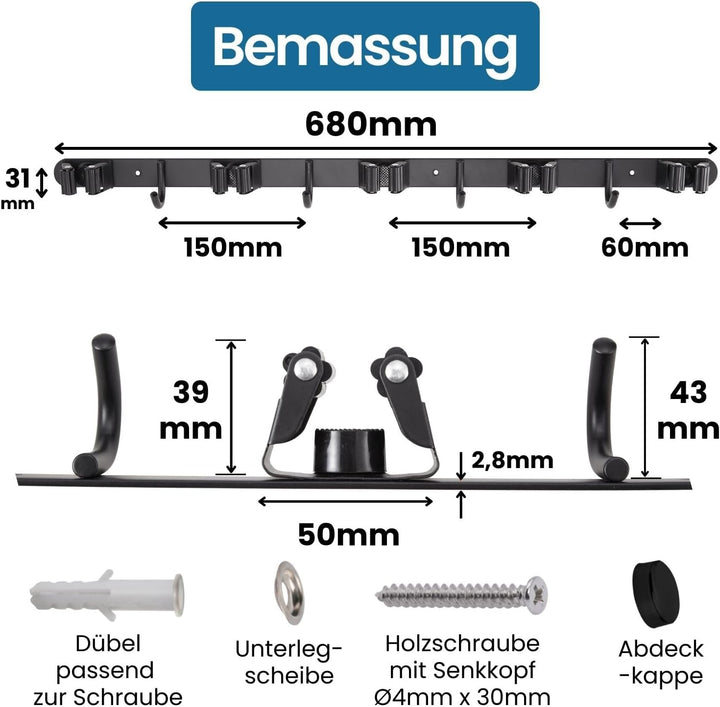 Stahlia Besenhalterung Wand Edelstahl Gerätehalter 4 Haken + 5 Halter Schwarz-matt schraubbar & selb