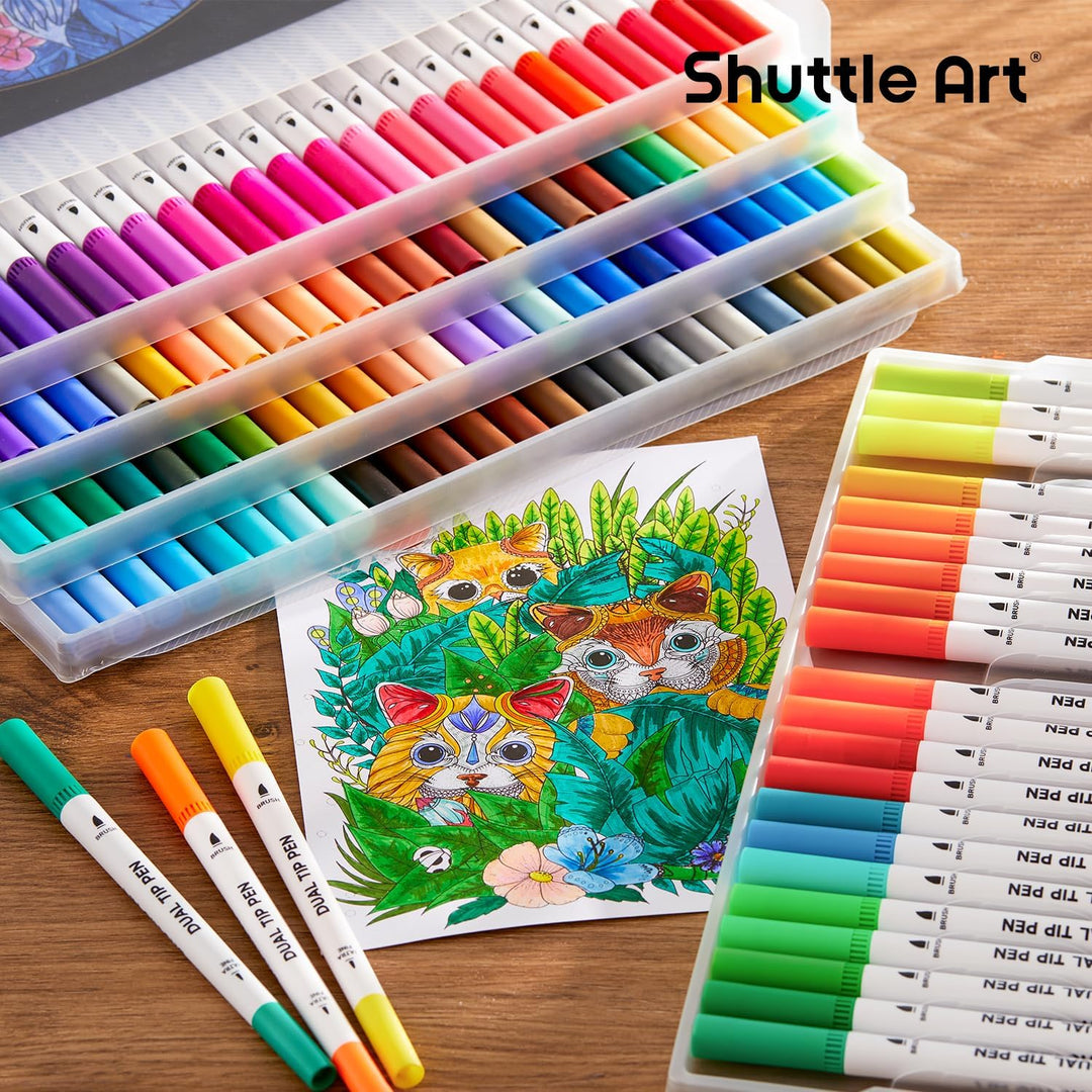 Shuttle Art Dual Brush Pen Set, 120 bunte Filzstifte doppelköpfige Pinselstifte mit weicher Spitze,