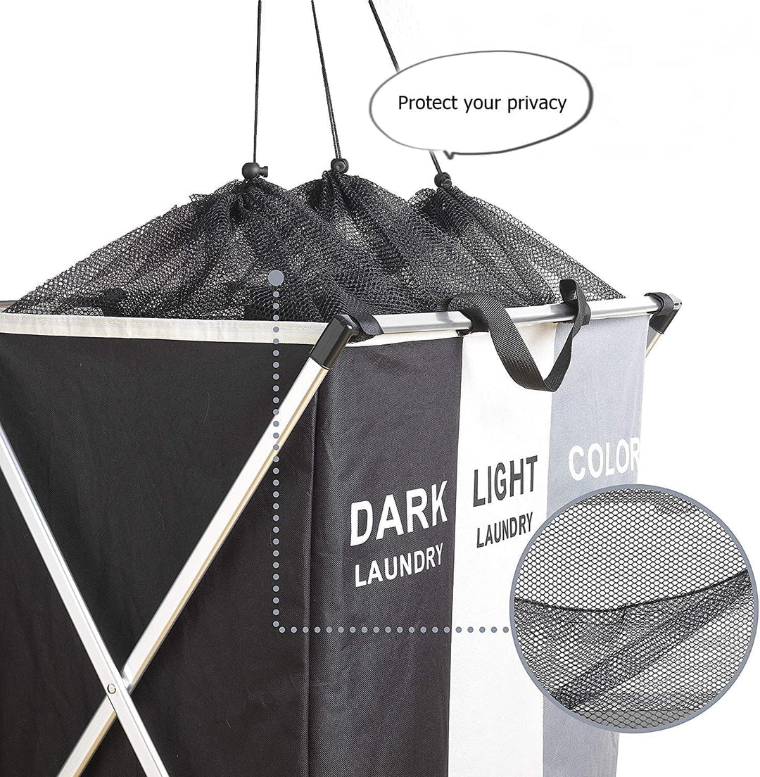 CNFQ Grosser Faltbarer Wäschekorb 3 Fächer mit Netz als Sichtschutz Schmutzwäschetasche mit Griff fü