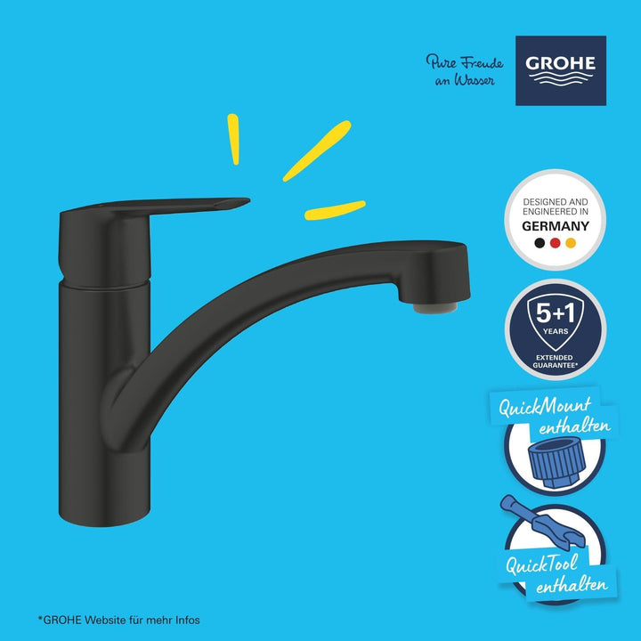 GROHE Start, Küchenarmatur mit flachem Auslauf (Wasserhahn für die Küche, 140° schwenkbar, wasserspa