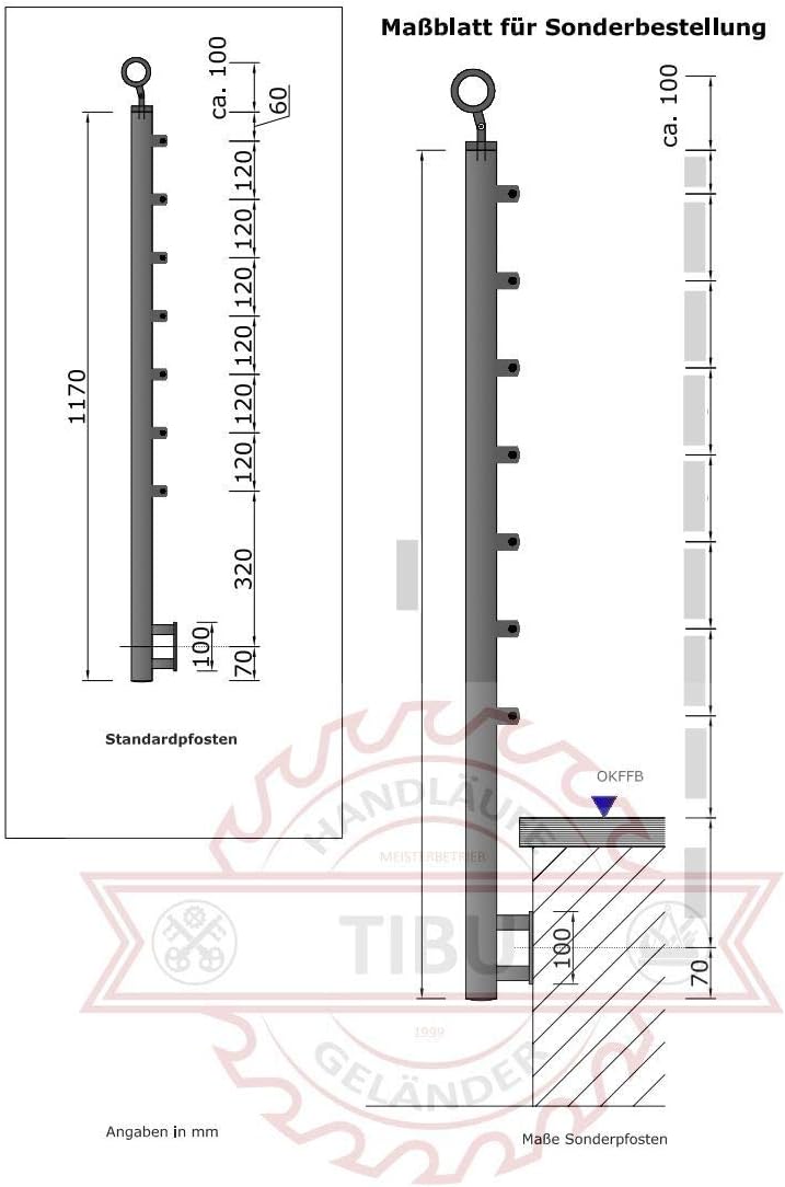 TIBU Einzelner Edelstahl Geländer Handlaufpfosten für seitliche Montage 7 Streben Seitenabstand 70mm