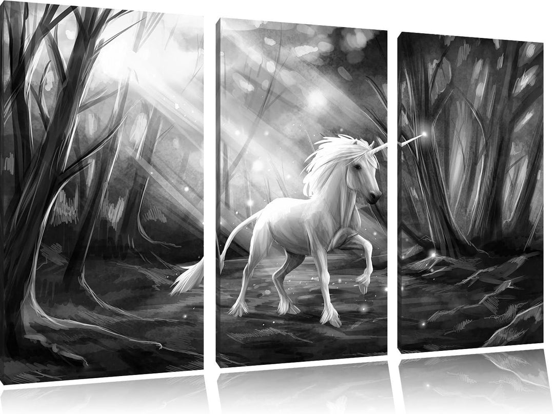 Pixxprint Einhorn im Märchenwald als Leinwandbild/Grösse: 3 Teilig (120x80) / Wandbild/Kunstdruck/fe
