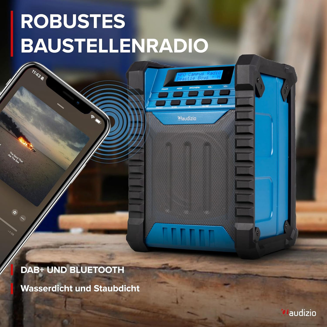 Audizio Jobsite - Baustellenradio DAB Plus Radio mit Bluetooth 5.0, Akku 8h, 100 Watt Leistung, IP54
