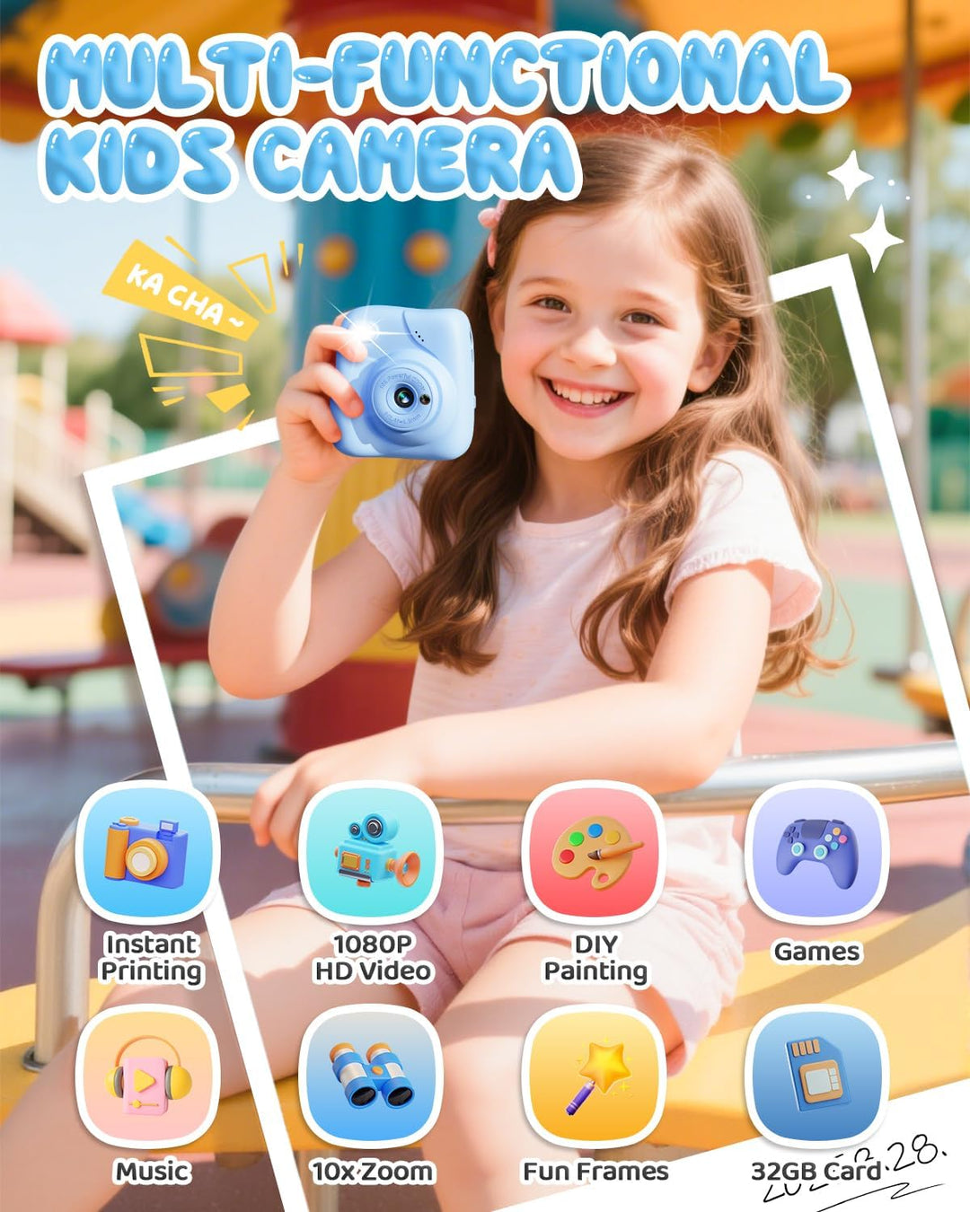 CAMCLID Kinderkamera Sofortbildkamera, 1080P Sofortbildkamera Kinder mit 32GB Karte & 3 Rollen Druck