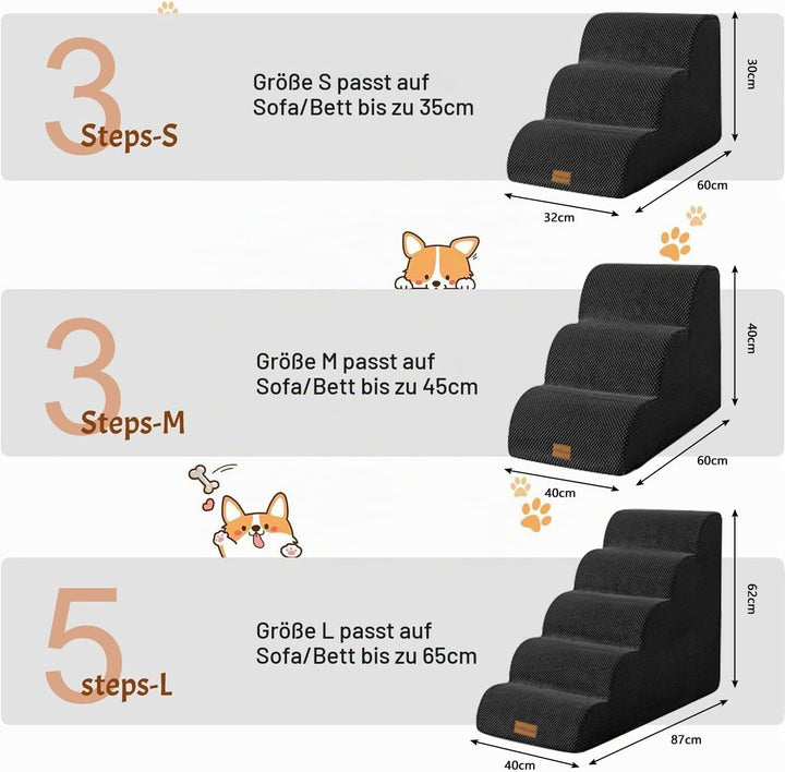 Breiter Hundetreppe Schwarz 5 Stufen 62cm hoch für Kleine Hunde, Hochdichtem Schaumstoff Haustiertre